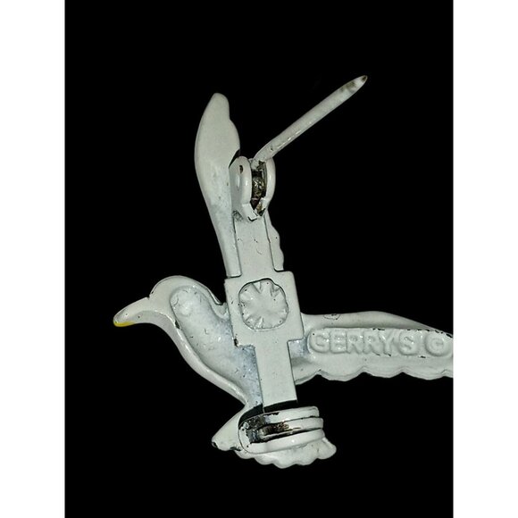 GERRY'S Signed Vintage White Seagull Brooch Set Enamel Bird Blue Eye Rhinestone - Picture 9 of 9
